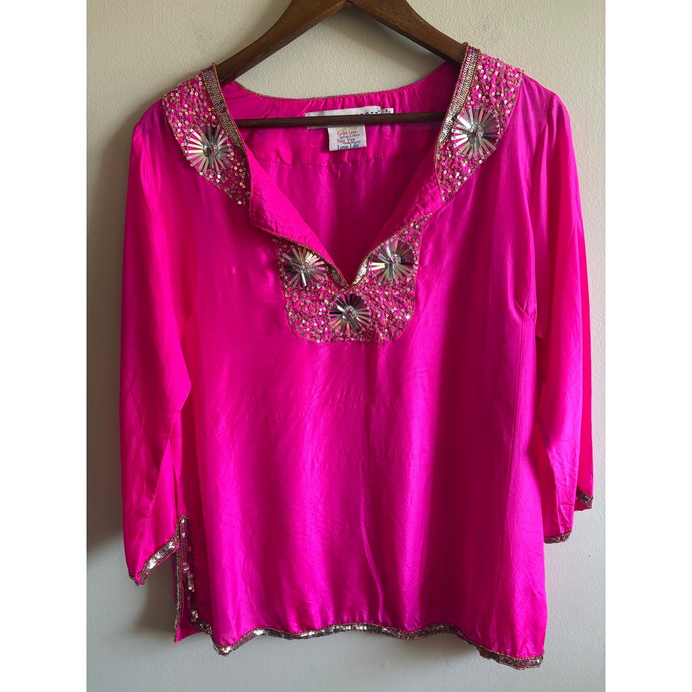 Gretchen Scott Hot Pink Embellished Sequin Tunic Top Size L